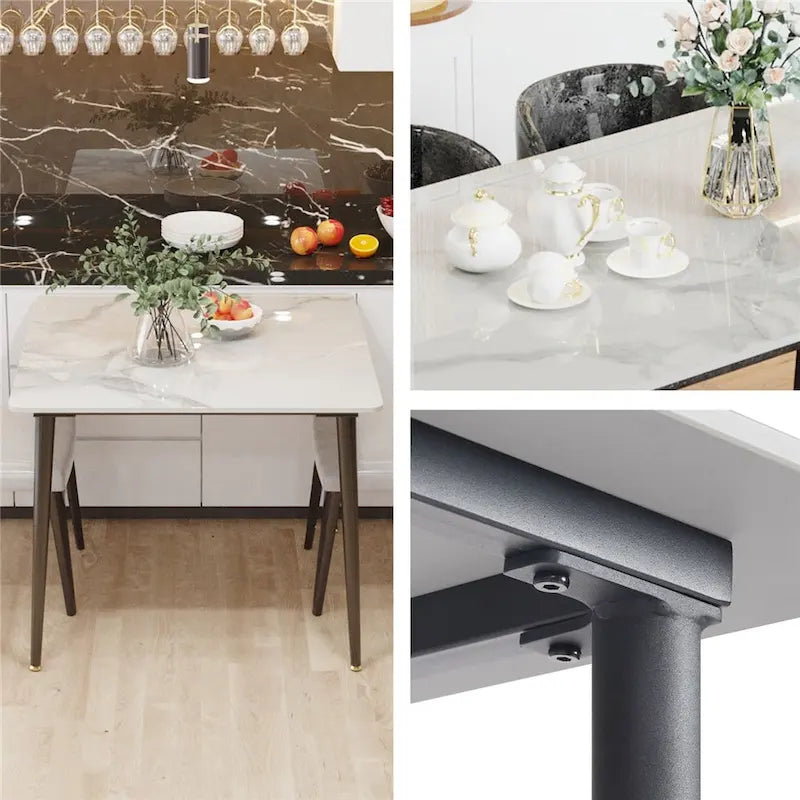 Modern Square Sintered Stone Top Dining Table with Black Metal Legs