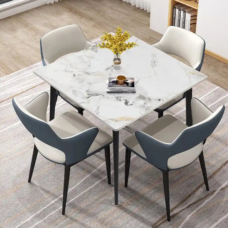 Mesa de comedor moderna cuadrada con tablero de piedra sinterizada y patas de metal negro