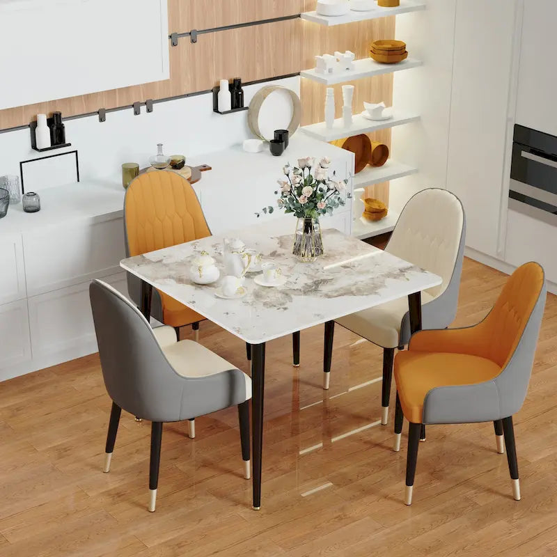 Mesa de comedor moderna cuadrada con tablero de piedra sinterizada y patas de metal negro