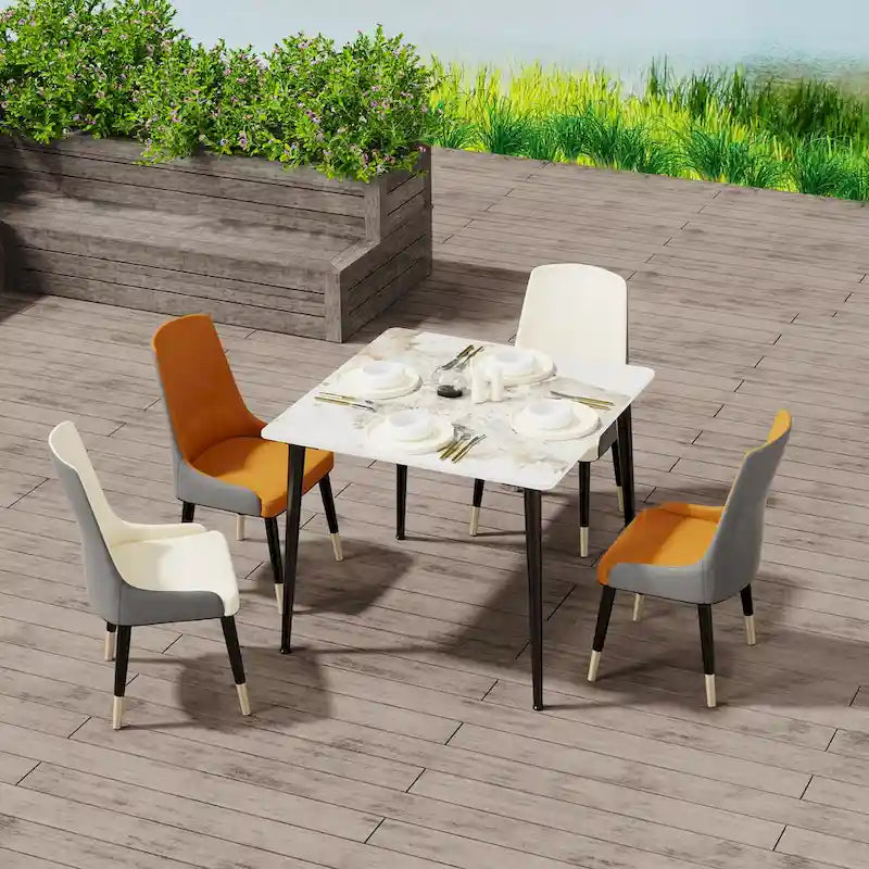 Mesa de comedor moderna cuadrada con tablero de piedra sinterizada y patas de metal negro