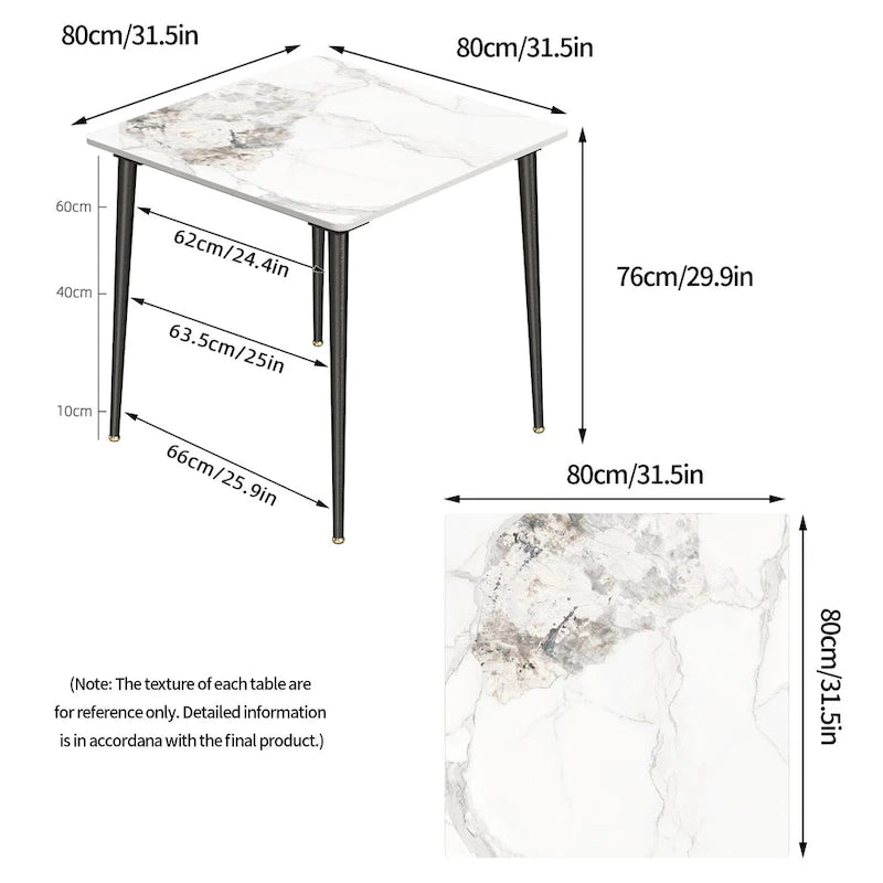 Mesa de comedor moderna cuadrada con tablero de piedra sinterizada y patas de metal negro