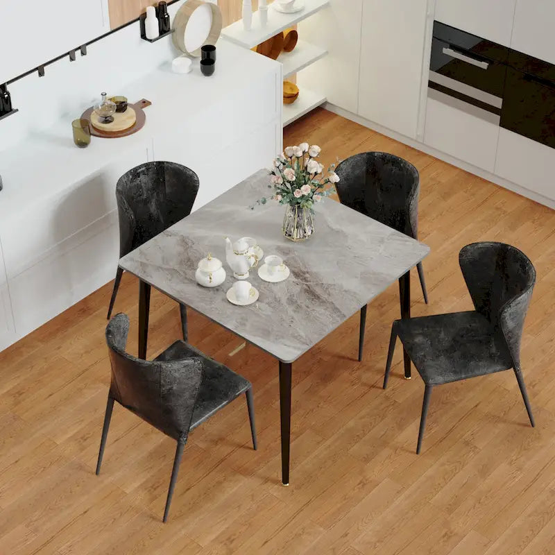 Mesa de comedor moderna cuadrada con tablero de piedra sinterizada y patas de metal negro