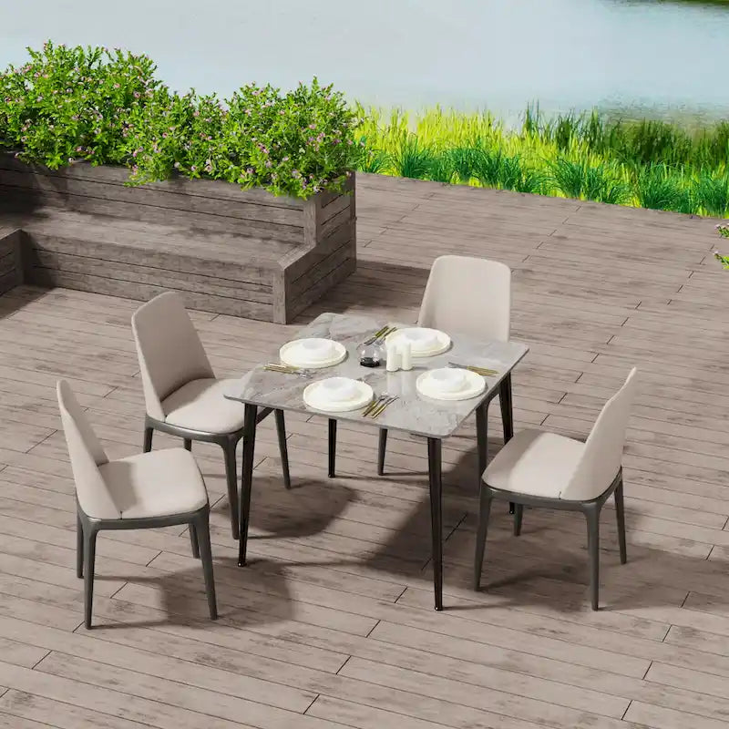 Mesa de comedor moderna cuadrada con tablero de piedra sinterizada y patas de metal negro