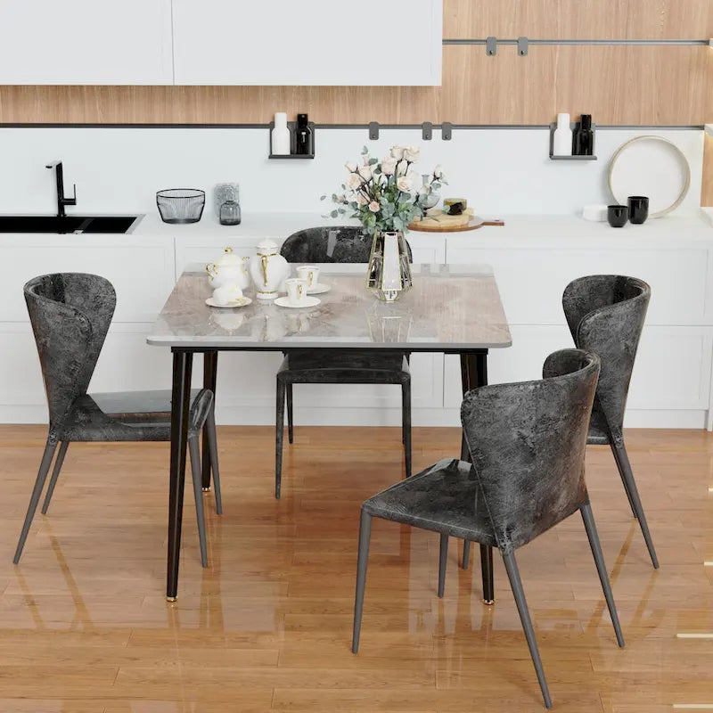 Mesa de comedor moderna cuadrada con tablero de piedra sinterizada y patas de metal negro