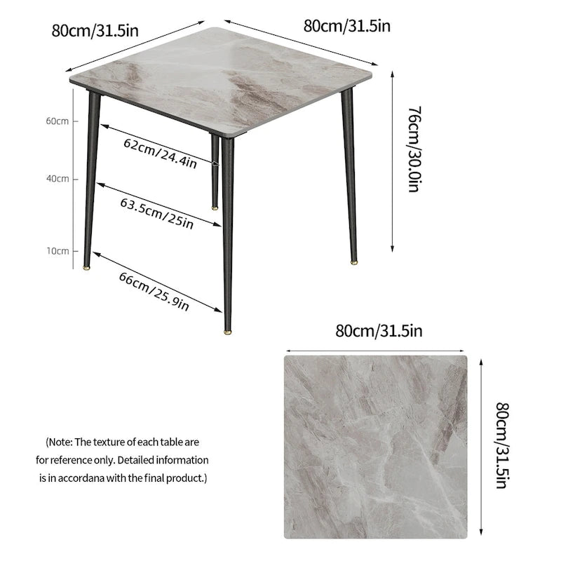 Mesa de comedor moderna cuadrada con tablero de piedra sinterizada y patas de metal negro