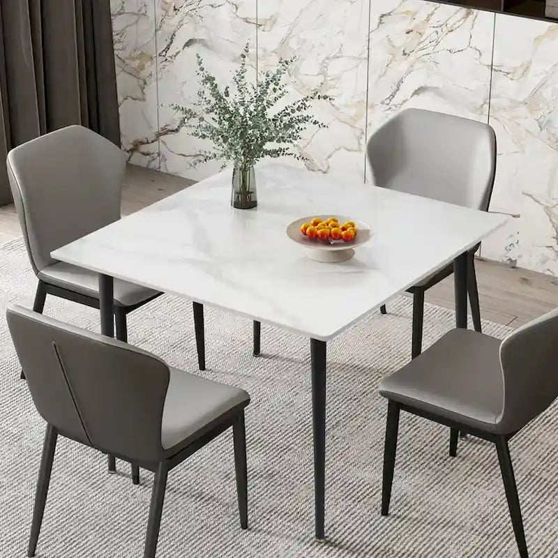 Mesa de comedor moderna cuadrada con tablero de piedra sinterizada y patas de metal negro