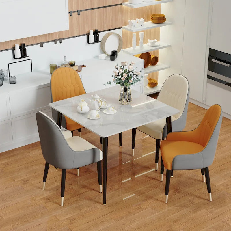 Mesa de comedor moderna cuadrada con tablero de piedra sinterizada y patas de metal negro