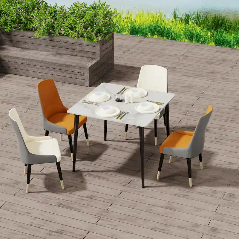 Mesa de comedor moderna cuadrada con tablero de piedra sinterizada y patas de metal negro
