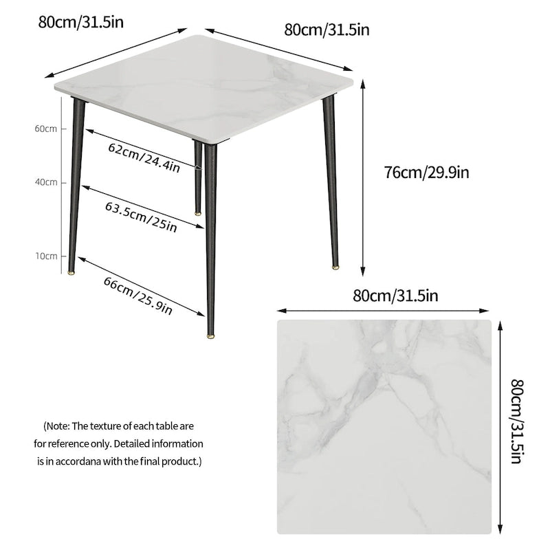 Mesa de comedor moderna cuadrada con tablero de piedra sinterizada y patas de metal negro