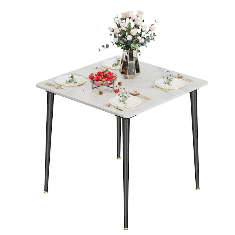 Mesa de comedor moderna cuadrada con tablero de piedra sinterizada y patas de metal negro
