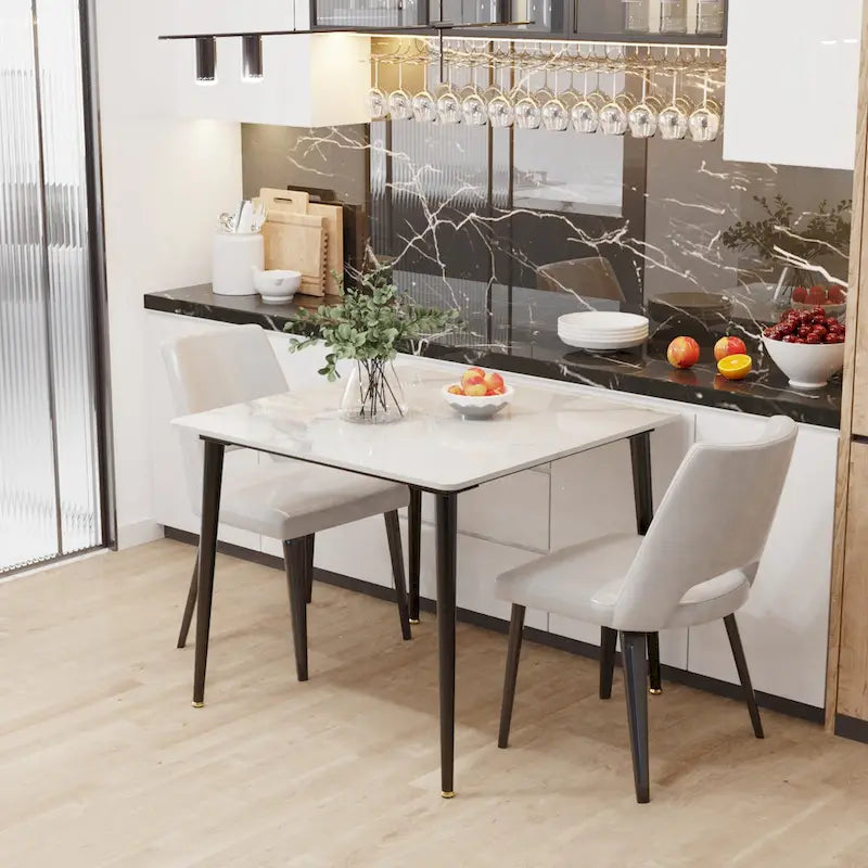 Mesa de comedor moderna cuadrada con tablero de piedra sinterizada y patas de metal negro