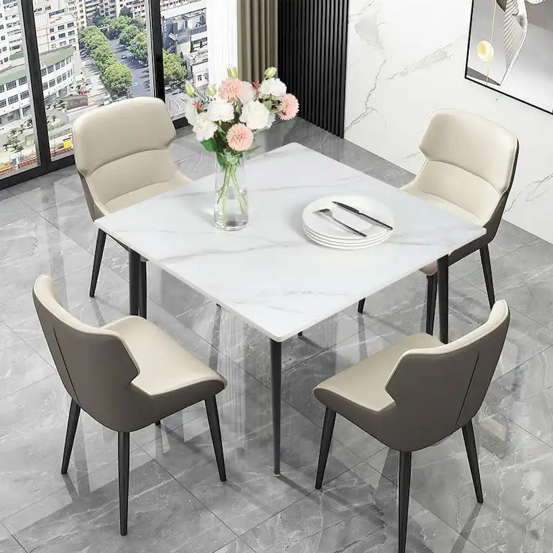 Mesa de comedor moderna cuadrada con tablero de piedra sinterizada y patas de metal negro