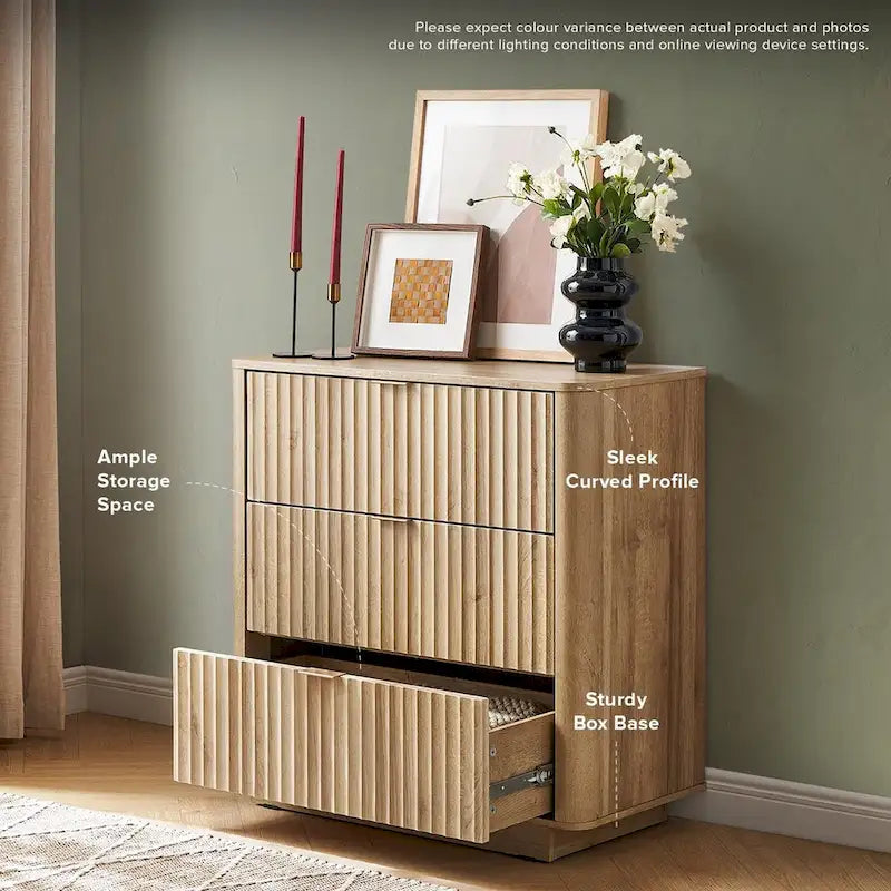 3 Drawer Dresser with Fluted Panel Art Deco Design