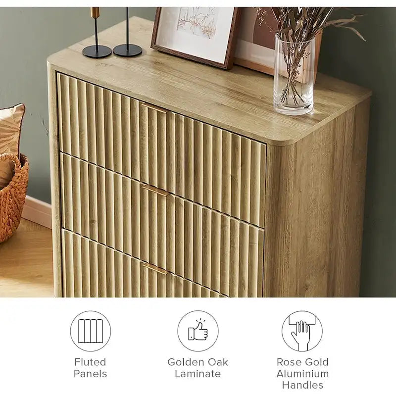 3 Drawer Dresser with Fluted Panel Art Deco Design