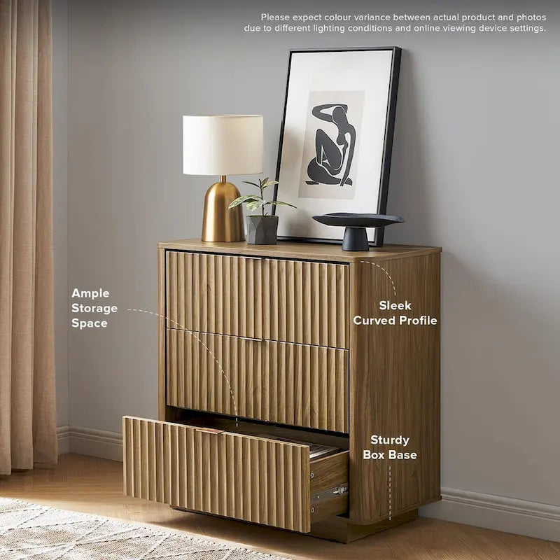 3 Drawer Dresser with Fluted Panel Art Deco Design