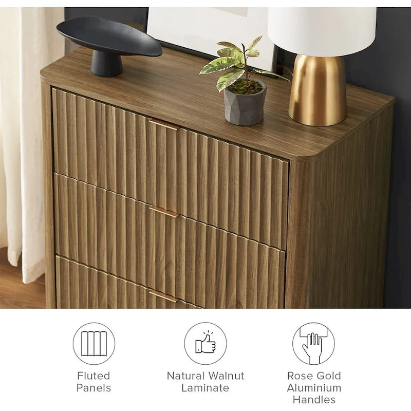 3 Drawer Dresser with Fluted Panel Art Deco Design