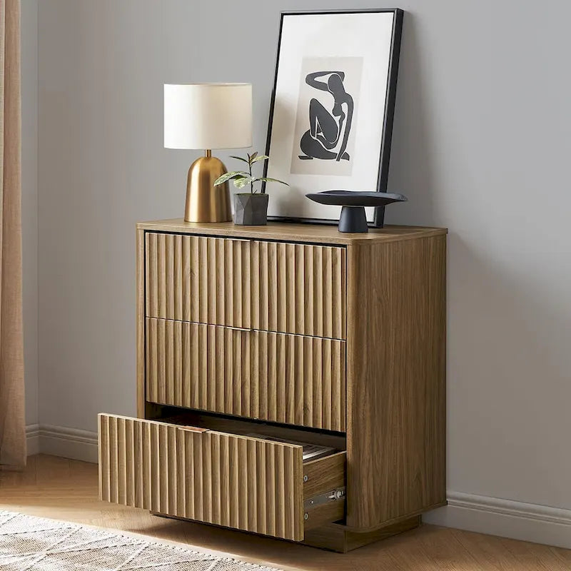 3 Drawer Dresser with Fluted Panel Art Deco Design