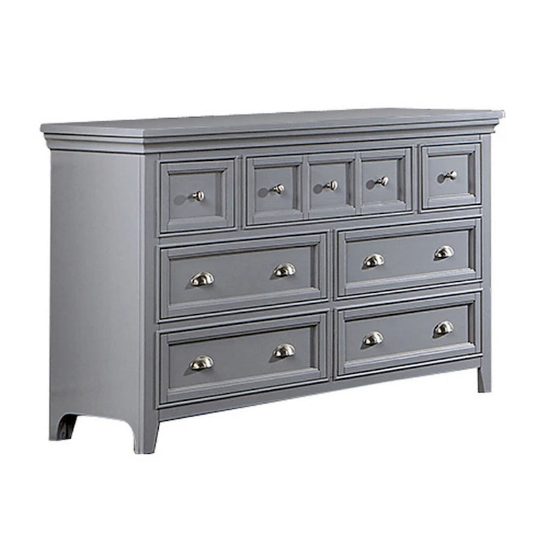 56 Inch Dresser 7 Gliding Drawers Gray Wood Round Nickel Handles