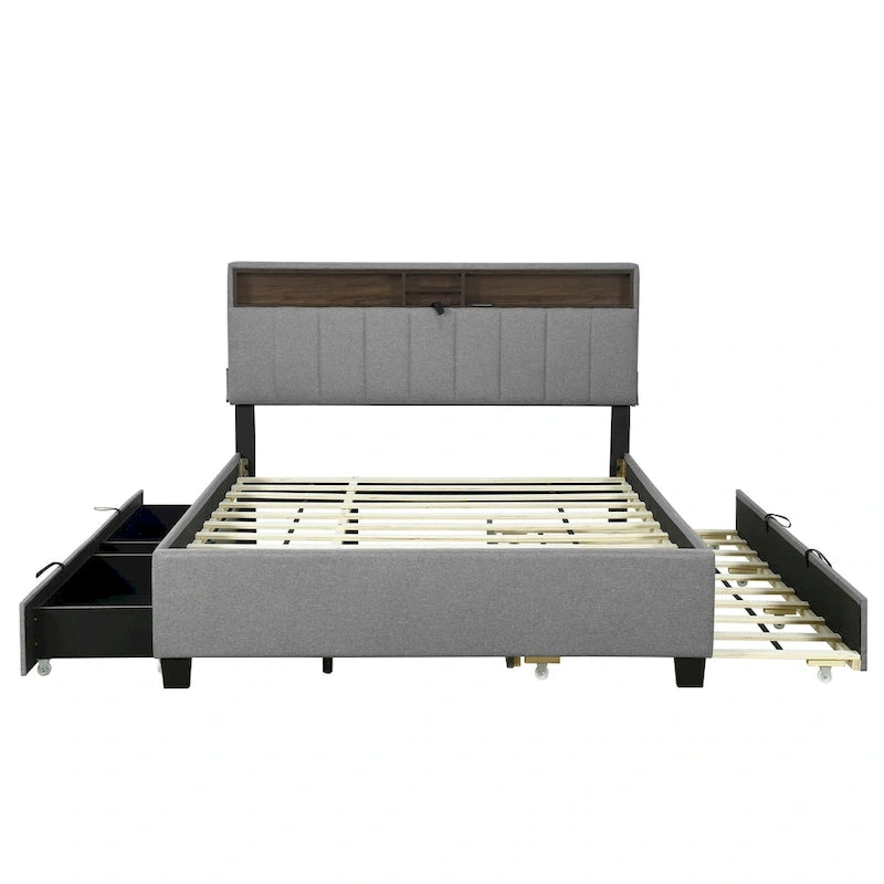 Gestoffeerd platformbed met hoofdbord met opbergruimte