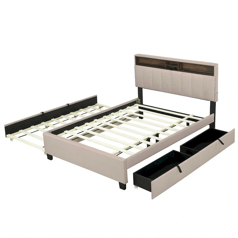 Gestoffeerd platformbed met hoofdbord met opbergruimte