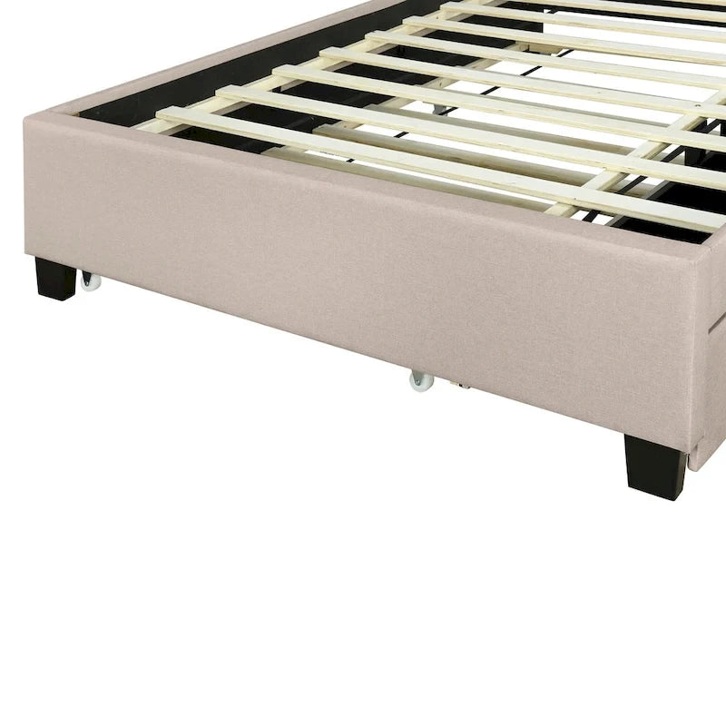 Gestoffeerd platformbed met hoofdbord met opbergruimte
