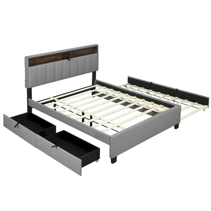 Gestoffeerd platformbed met hoofdbord met opbergruimte