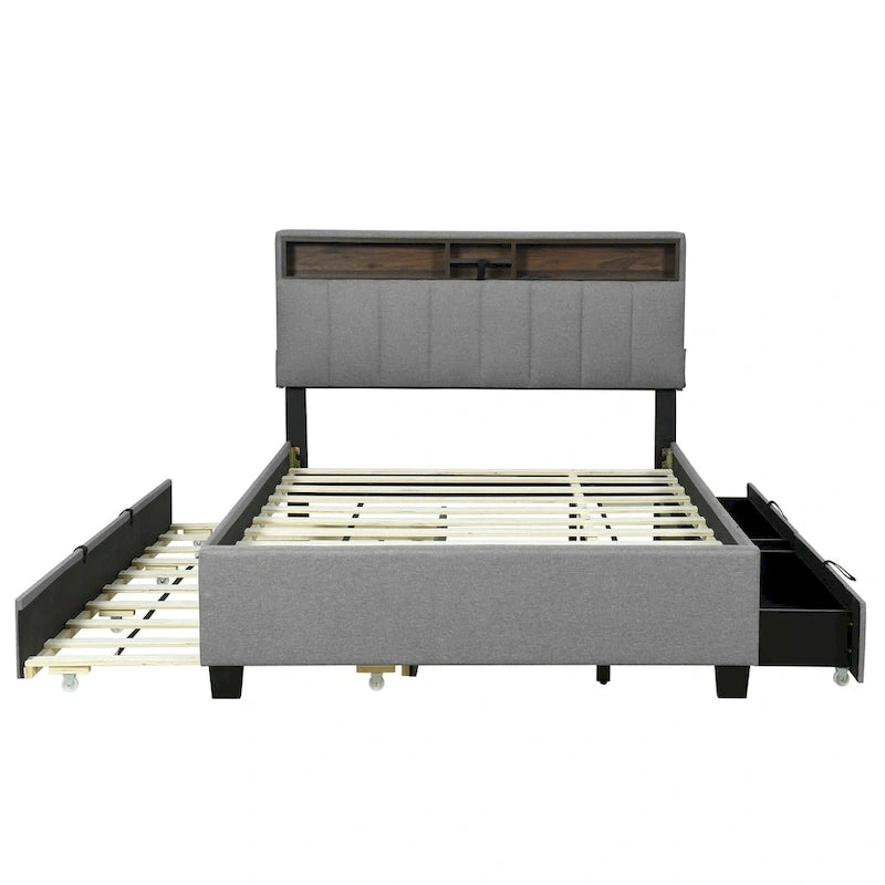 Gestoffeerd platformbed met hoofdbord met opbergruimte