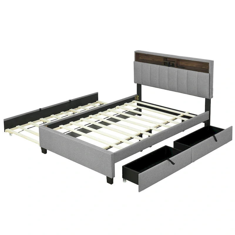 Gestoffeerd platformbed met hoofdbord met opbergruimte