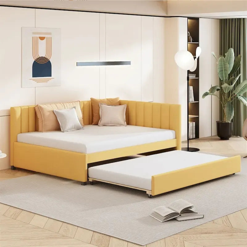 Full Size Upholstered Daybed with Trundle and Linen Fabric