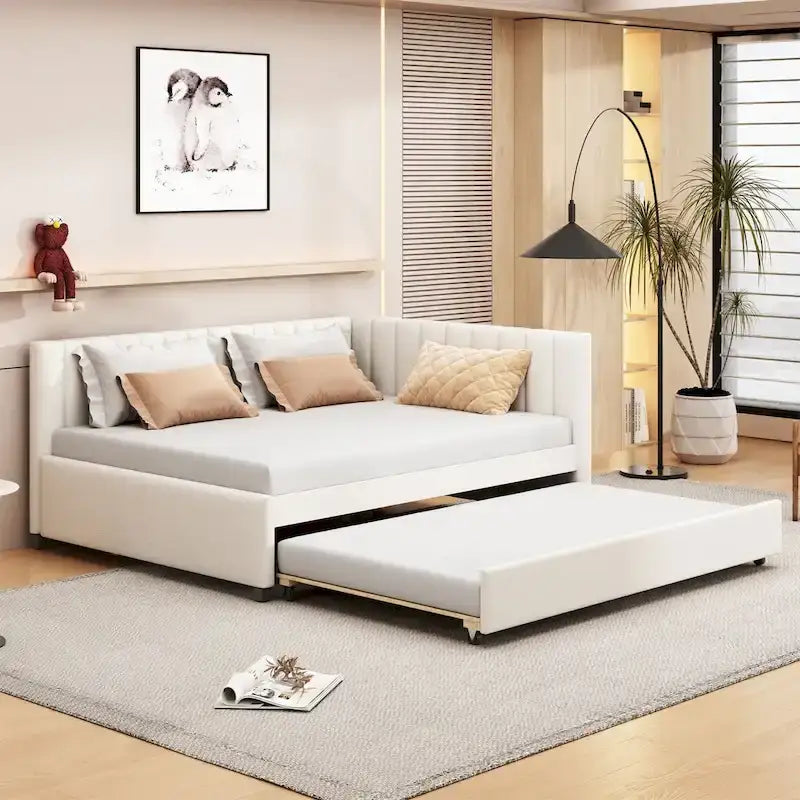 Full Size Upholstered Daybed with Trundle and Linen Fabric