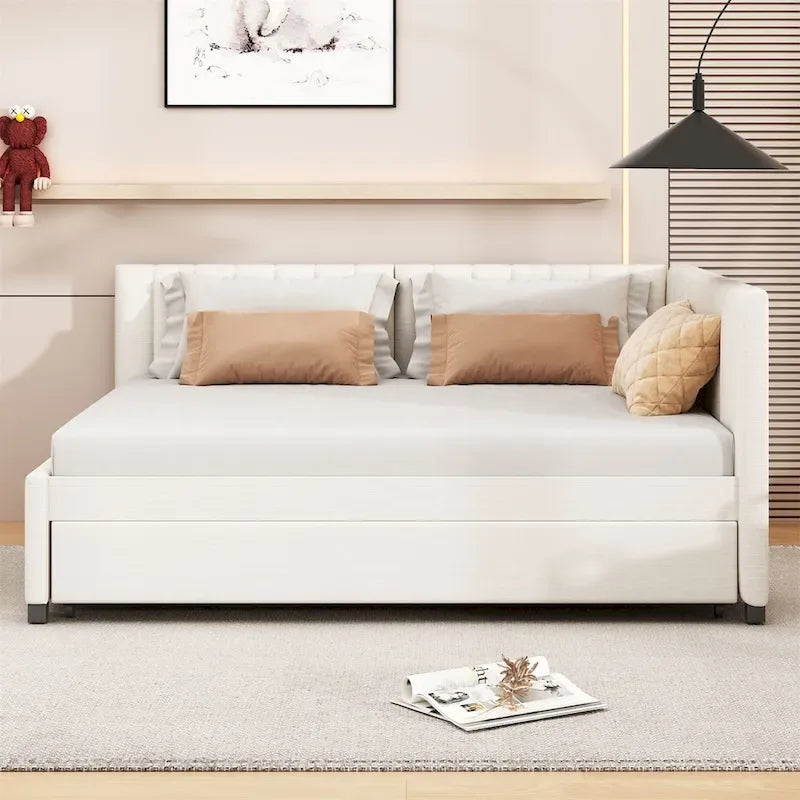Full Size Upholstered Daybed with Trundle and Linen Fabric