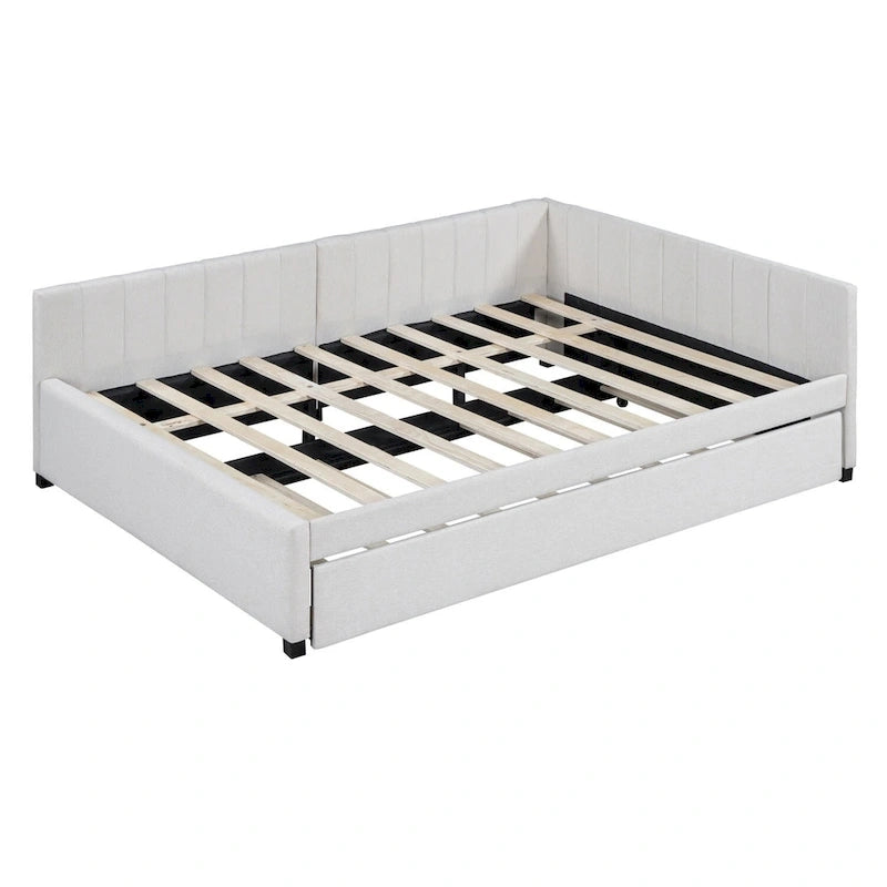Gestoffeerd ligbed in full-size met onderschuifbed en linnen bekleding