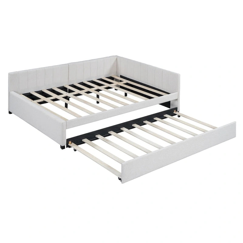Gestoffeerd ligbed in full-size met onderschuifbed en linnen bekleding