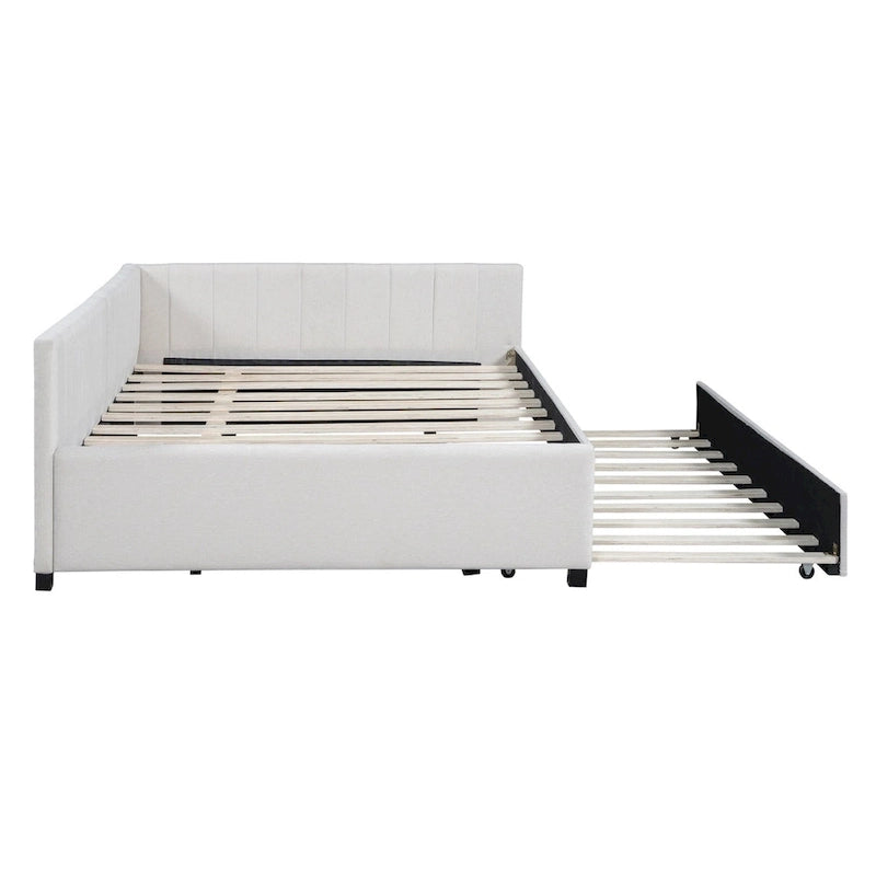 Gestoffeerd ligbed in full-size met onderschuifbed en linnen bekleding