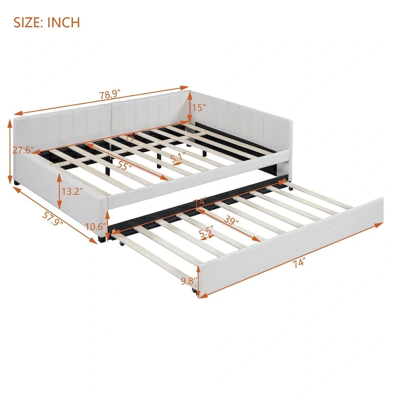 Gestoffeerd ligbed in full-size met onderschuifbed en linnen bekleding