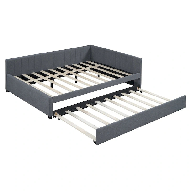 Gestoffeerd ligbed in full-size met onderschuifbed en linnen bekleding