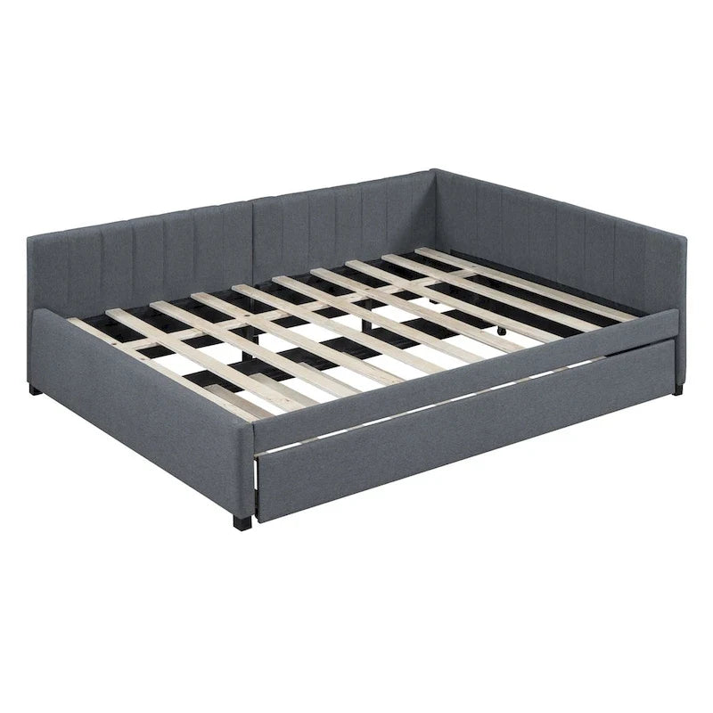 Gestoffeerd ligbed in full-size met onderschuifbed en linnen bekleding