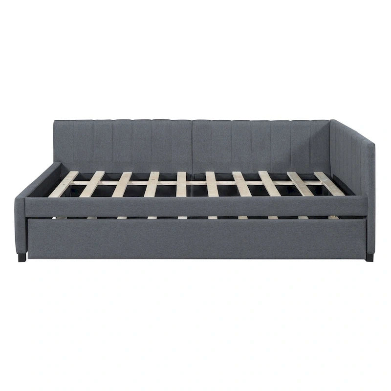 Gestoffeerd ligbed in full-size met onderschuifbed en linnen bekleding