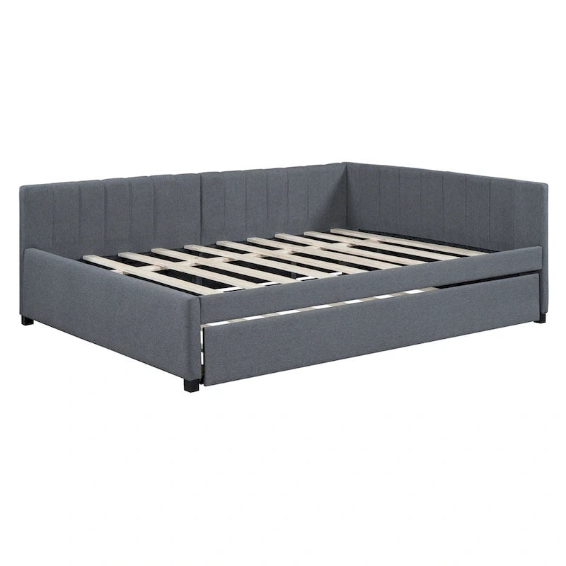 Gestoffeerd ligbed in full-size met onderschuifbed en linnen bekleding