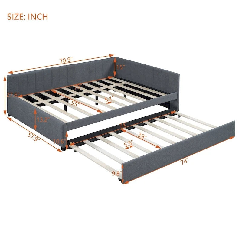 Gestoffeerd ligbed in full-size met onderschuifbed en linnen bekleding