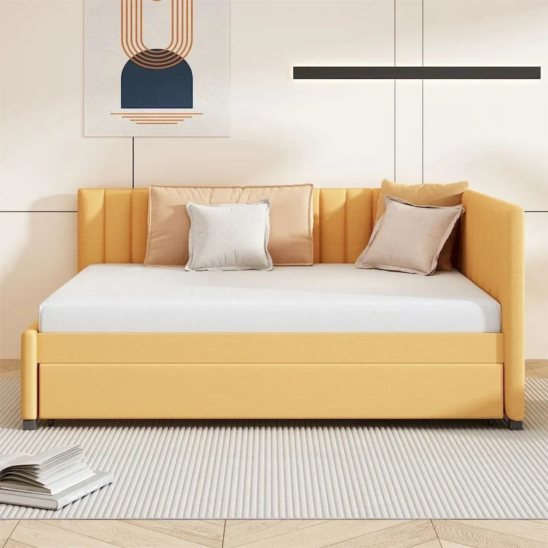 Gestoffeerd ligbed in full-size met onderschuifbed en linnen bekleding