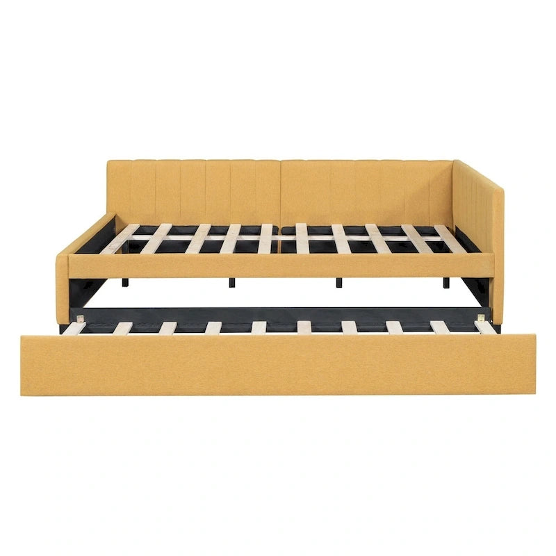 Gestoffeerd ligbed in full-size met onderschuifbed en linnen bekleding