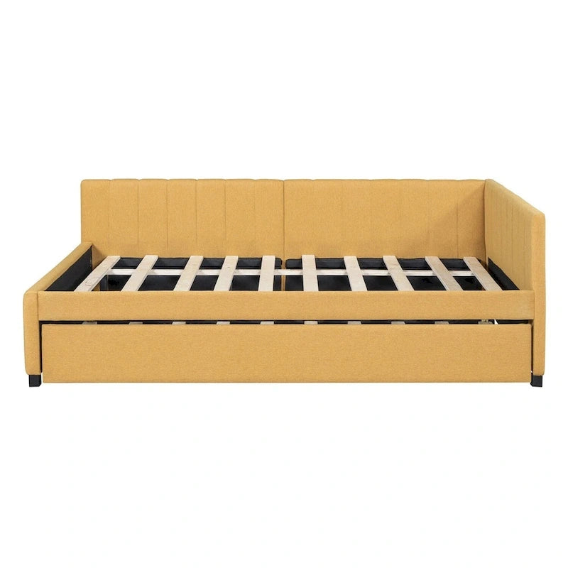 Gestoffeerd ligbed in full-size met onderschuifbed en linnen bekleding