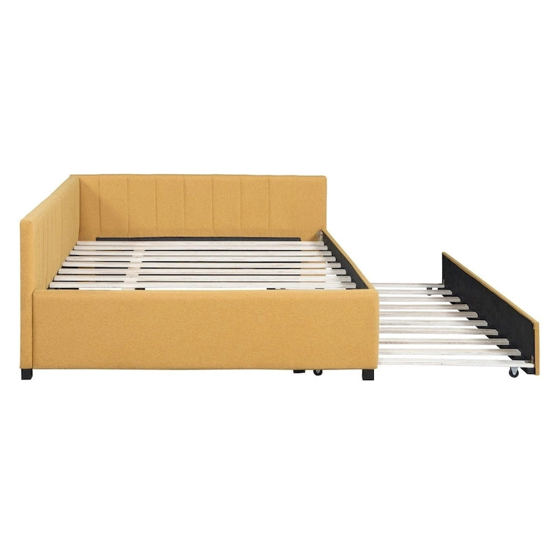 Gestoffeerd ligbed in full-size met onderschuifbed en linnen bekleding