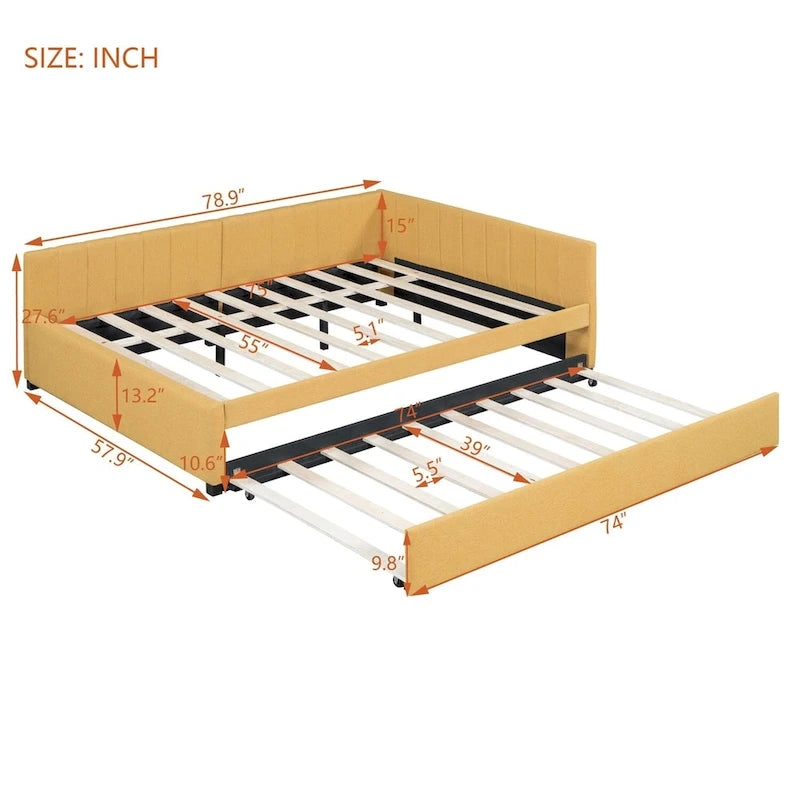 Gestoffeerd ligbed in full-size met onderschuifbed en linnen bekleding