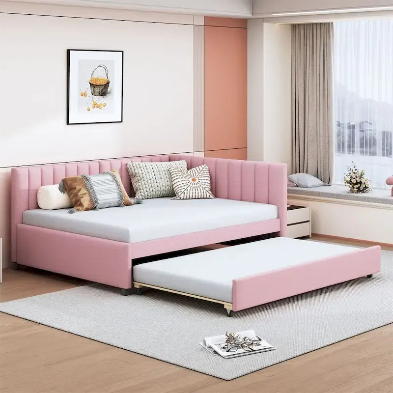 Gestoffeerd ligbed in full-size met onderschuifbed en linnen bekleding