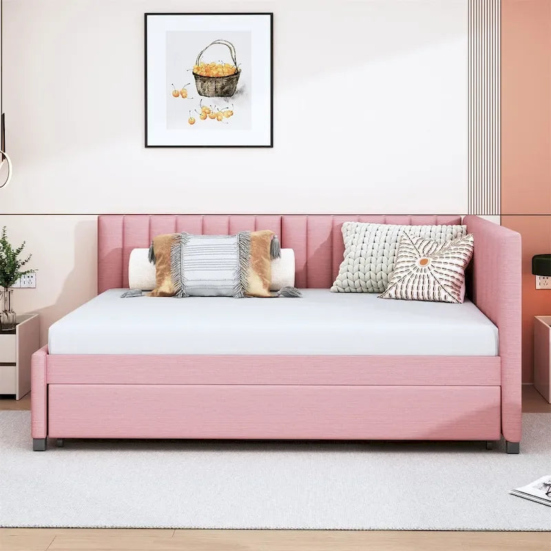 Gestoffeerd ligbed in full-size met onderschuifbed en linnen bekleding