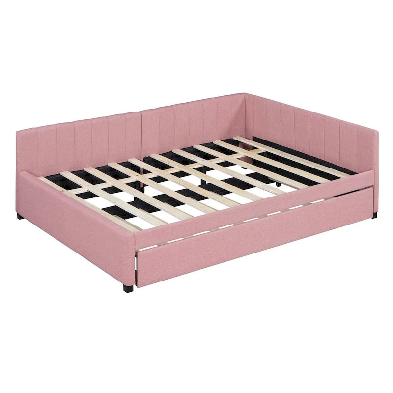 Gestoffeerd ligbed in full-size met onderschuifbed en linnen bekleding