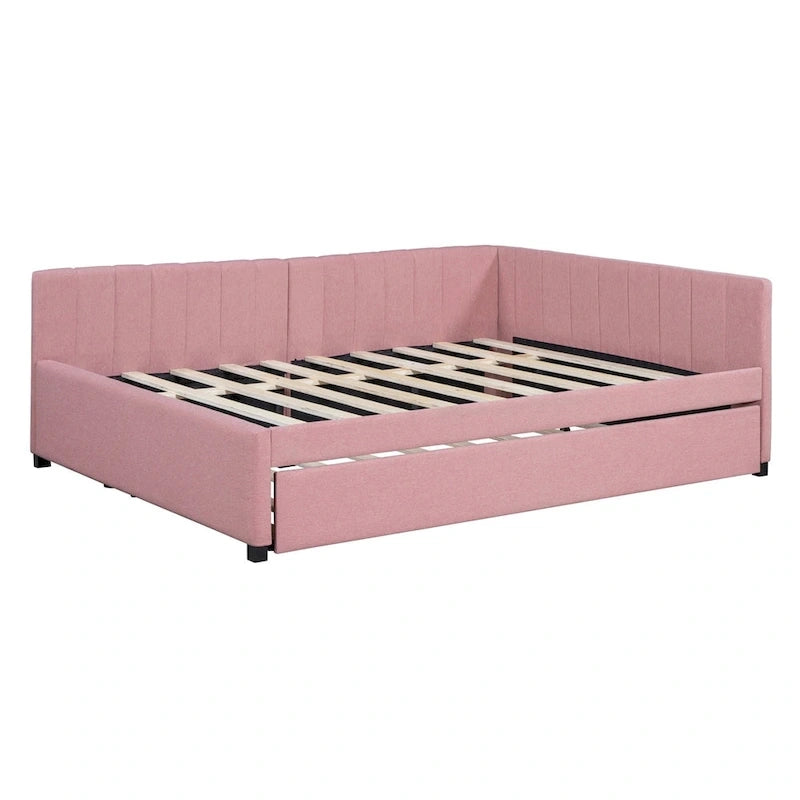 Gestoffeerd ligbed in full-size met onderschuifbed en linnen bekleding
