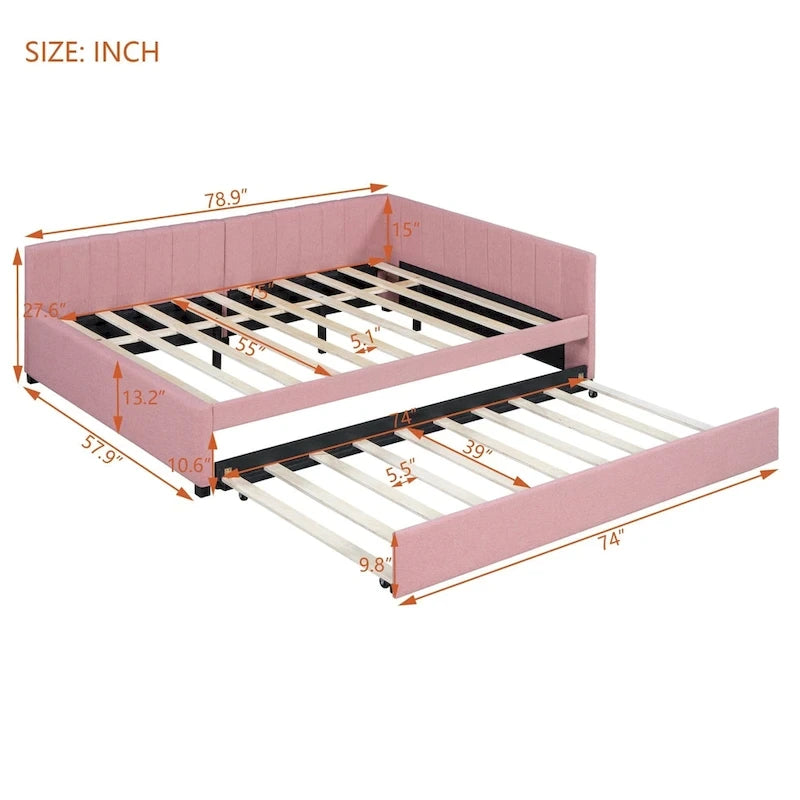 Gestoffeerd ligbed in full-size met onderschuifbed en linnen bekleding